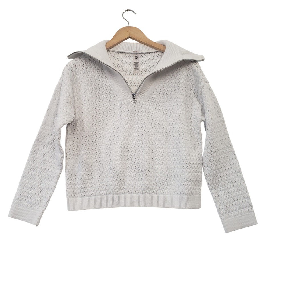 Lou & Grey Sweater Womens Medium White Pointelle Quarter Zip Pullover‎ Ribbed